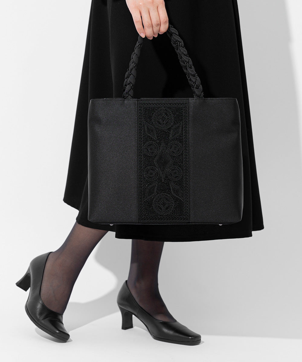 Cord embroidery braided hand formal tote bag