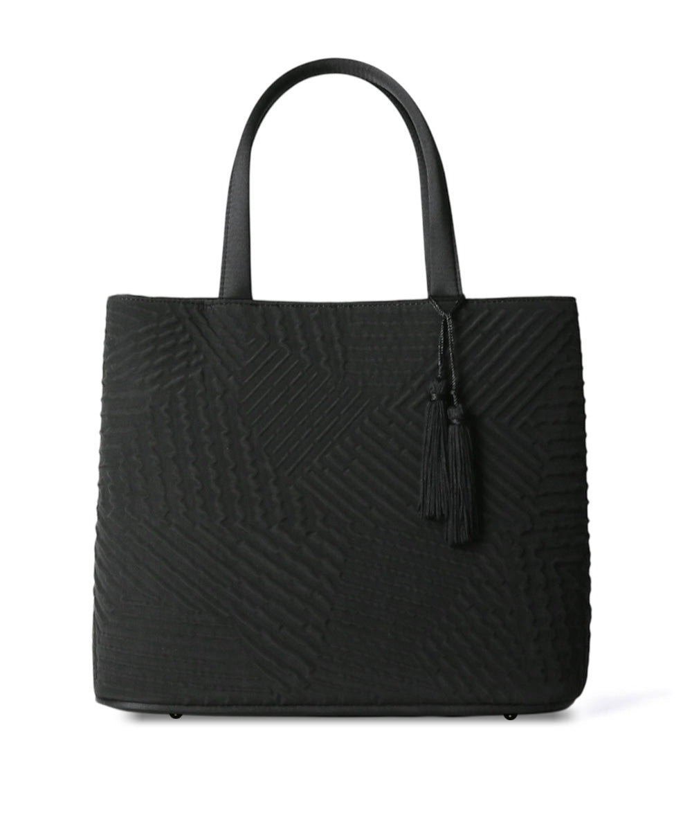 波網代トートバッグ タッセル付き黒 タッセル付きジオメトリック二層式バッグ