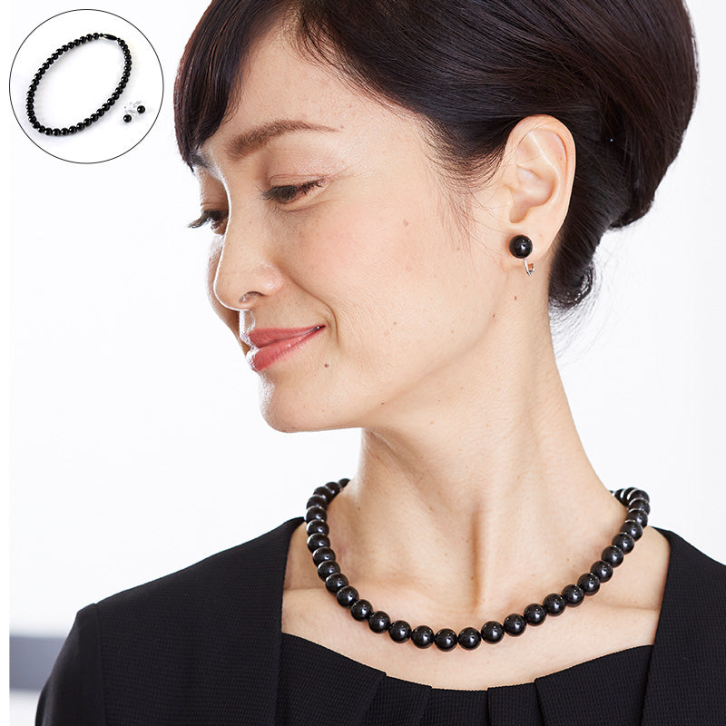 天然10mmジェット ネックレス&イヤリング(ピアス) 2点セット 