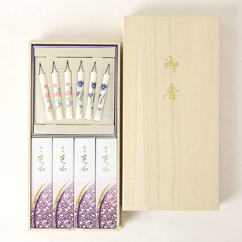 【日本香堂】銘香 芝山 桐箱 絵ろうそくセット